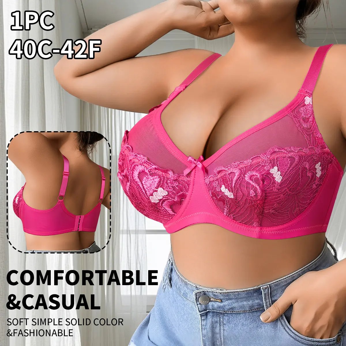 QUASTI Women's Plus Size Floral Embroidered Bra Underwire Supportive Padded Bras, Smooth Skin-friendly Lightweight Comfortable Everyday Lingerie, 40C-42F Floral Lace Bras Elegant