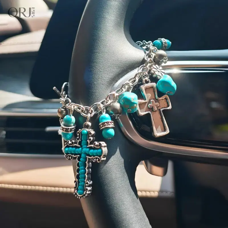 Western-Style Faux Turquoise Inlaid Car Pendant - Durable Exquisite Distinctive Elegant Car Accessories, Steering Wheel Ornament, Vehicle Hanging Charm, Holiday Gift for Outdoor Auto Enthusiasts,stress,ball,,mom,bir,Silver,Snowman,Ging,,,aesthetic,jewelry