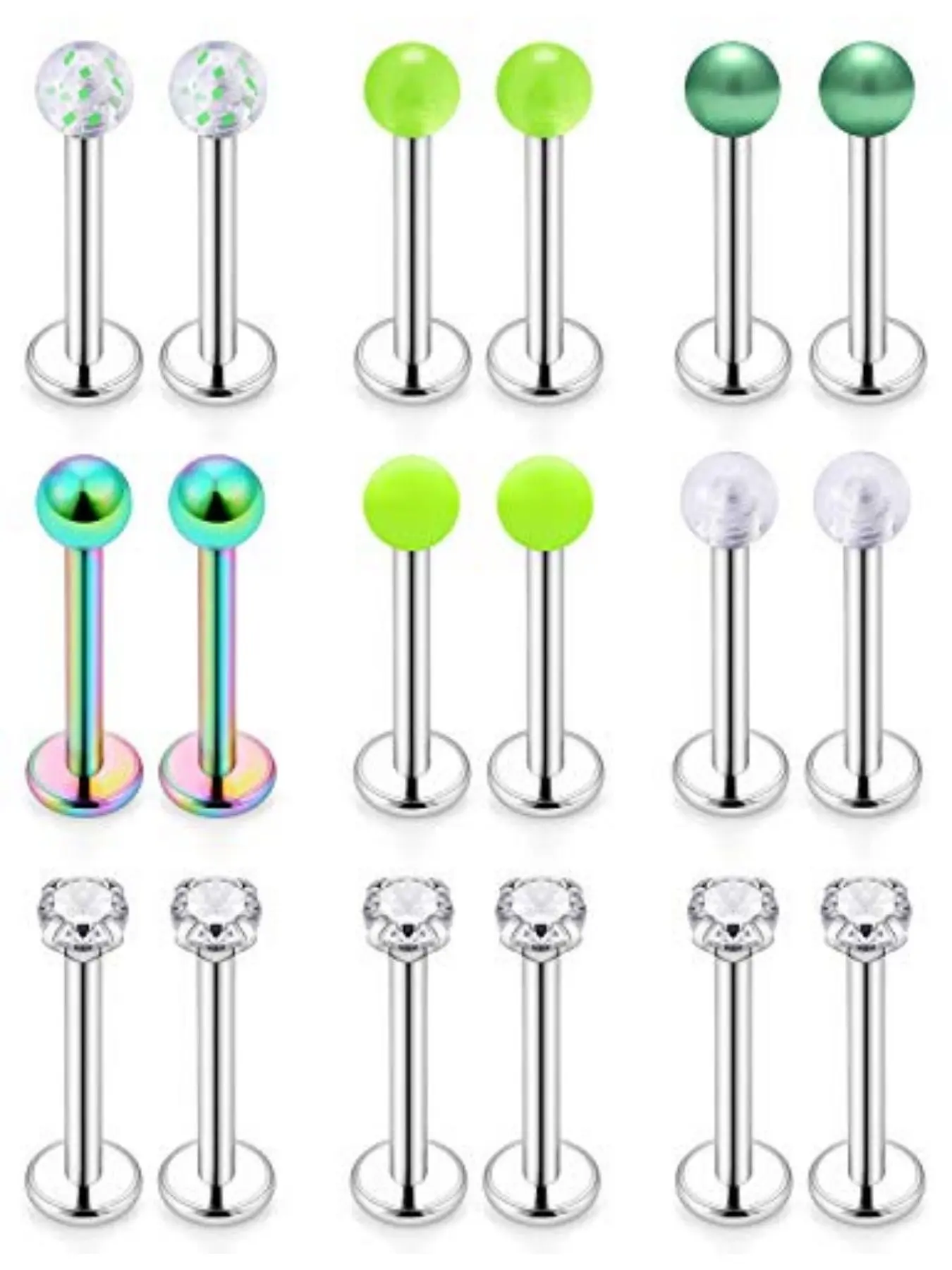 16G Stainless Steel Labret Lip Rings Set 6-12mm Flat Back Lip Studs CZ Heart Star Spike Cartilage Helix Piercing Jewelry for Women Men Lip Piercings