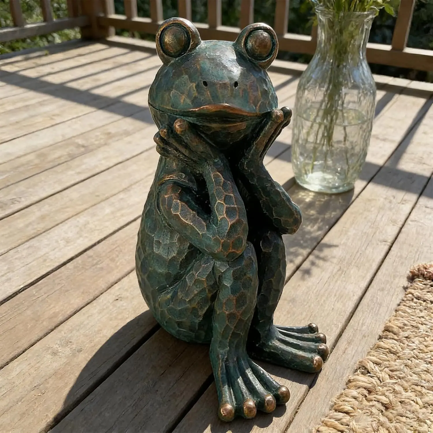 10" H Meditation Frog Lawn & Garden Statue, Verdigris Green | Handcrafted hand-painted details Weatherproof  material  zen garden ornament   for garden lovers