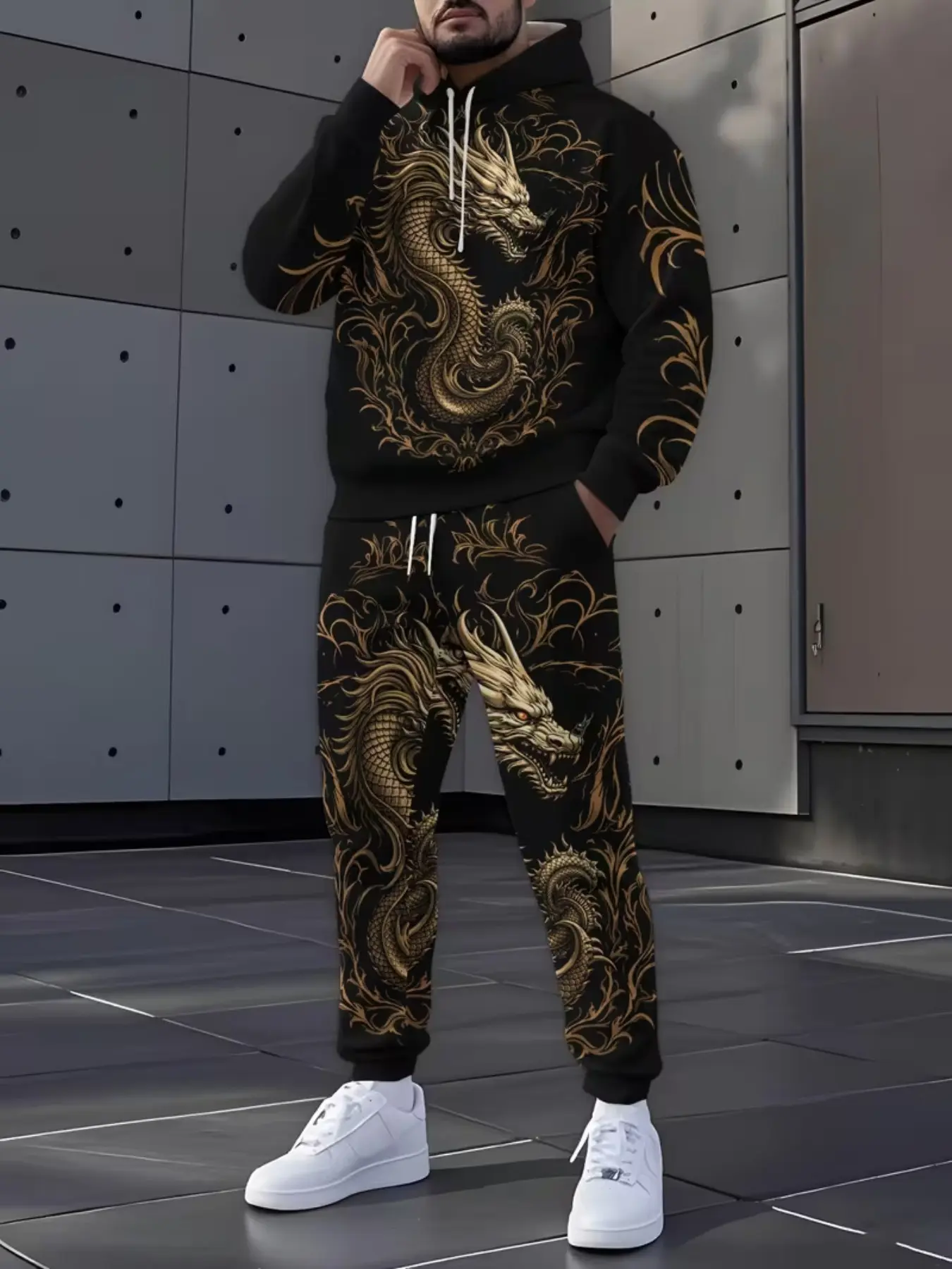Dragon Print Hooded Sweatshirt Set for Men, Casual Sportswear, Trendy Fashion Two-Piece, Fall & Winter Wear