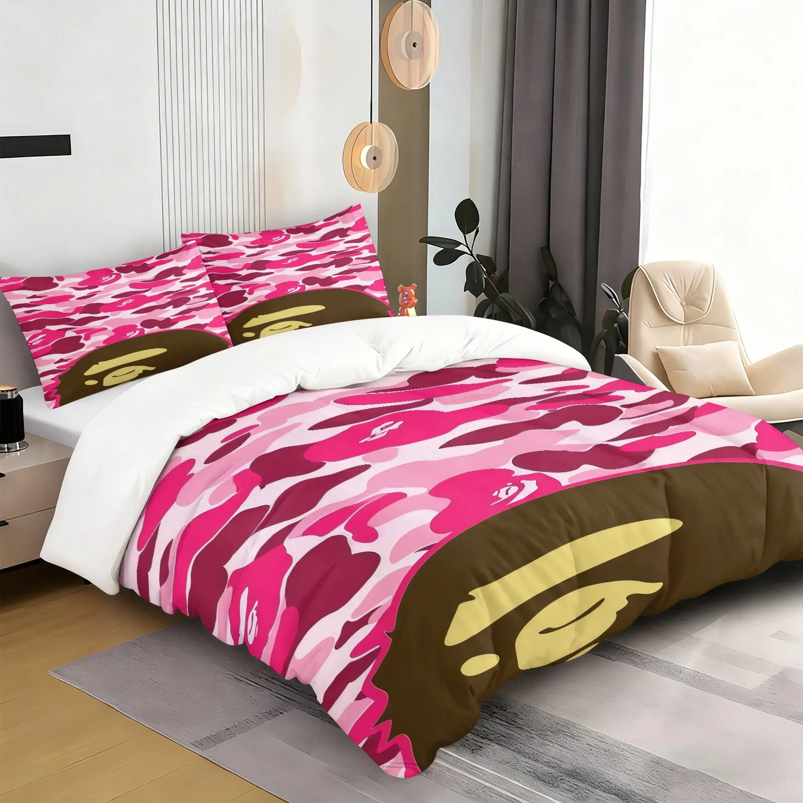 Camouflage Ape Head Pattern Quilt Cover Set, Soft And Comfortable Bedding Set, Including 1 Quilt Cover And 1 Or 2 Pillowcases, Excluding Quilt Core And Pillow Core, Suitable For Teenagers And Adults, Bedroom, Dormitory, Apartment Scene