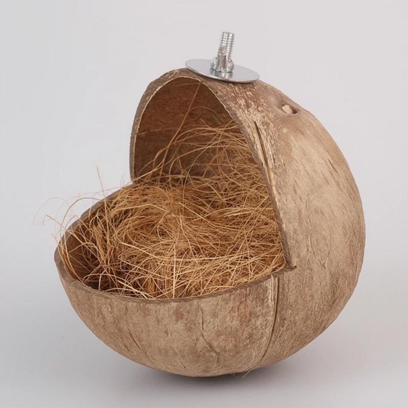 Natural Coconut Bird Nest House – Handmade Grass Woven Parrot Cage Toy, Cozy Breeding Shelter for Small Birds, Hanging Habitat for Parakeets, Lovebirds & Finches