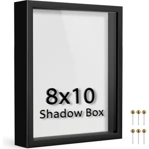 8x10 Black Shadow Box Frame Soft Linen Back and Push Pins Included Polystyrene Glass Memory Display Case for Flowers Tickets and Cherished 3D Items