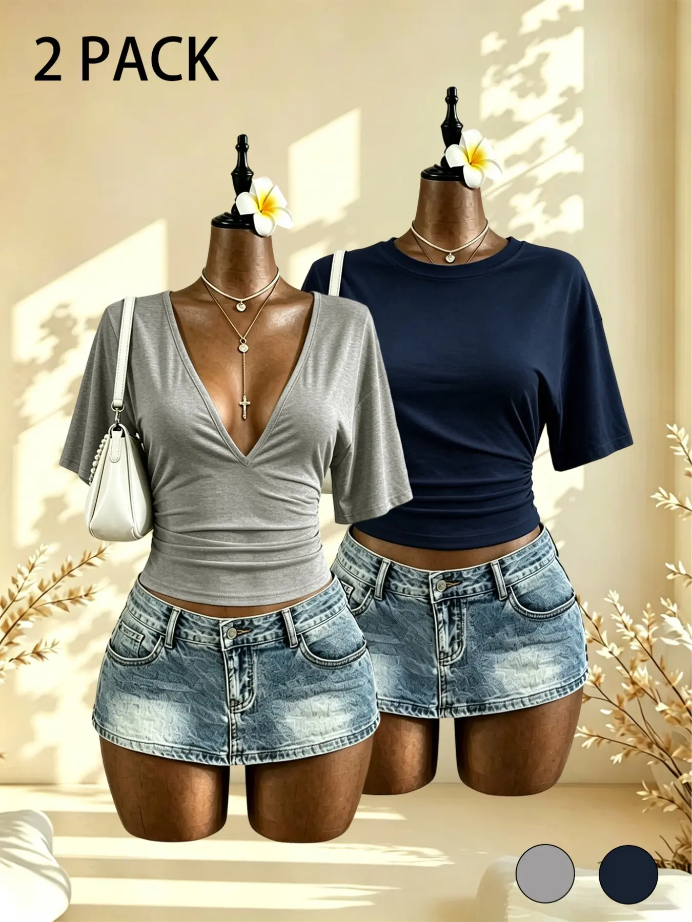 2 Pack Women Ruched Waist Crop T Shirts Fashion Trendy Summer Short Sleeve Tops, Figure Flattering Everyday Casual Tees for Adult Ladies Daily Travel Wear