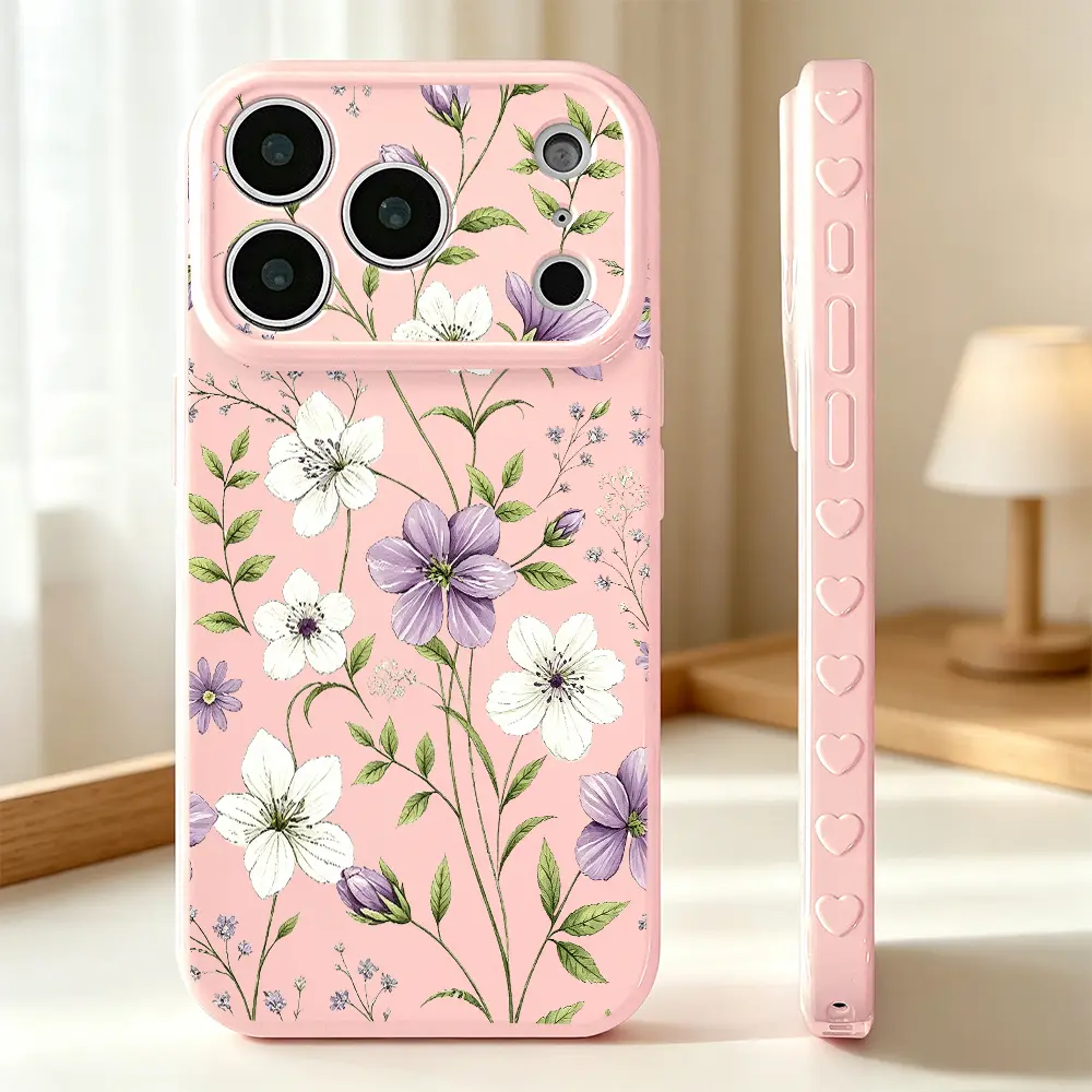 Exquisite Embossed Heart Patterns，Purple Wildflower Phone Case， Vintage Botanical Style，for iPhone 17 Pro Max 17 Air 17Pro 16 15 14 13 12 11 Pro Max， Floral Garden Gift， Lavender Blossom Pattern， Elegant White Flower Art， Cottagecore Nature Aesthetic, Sma
