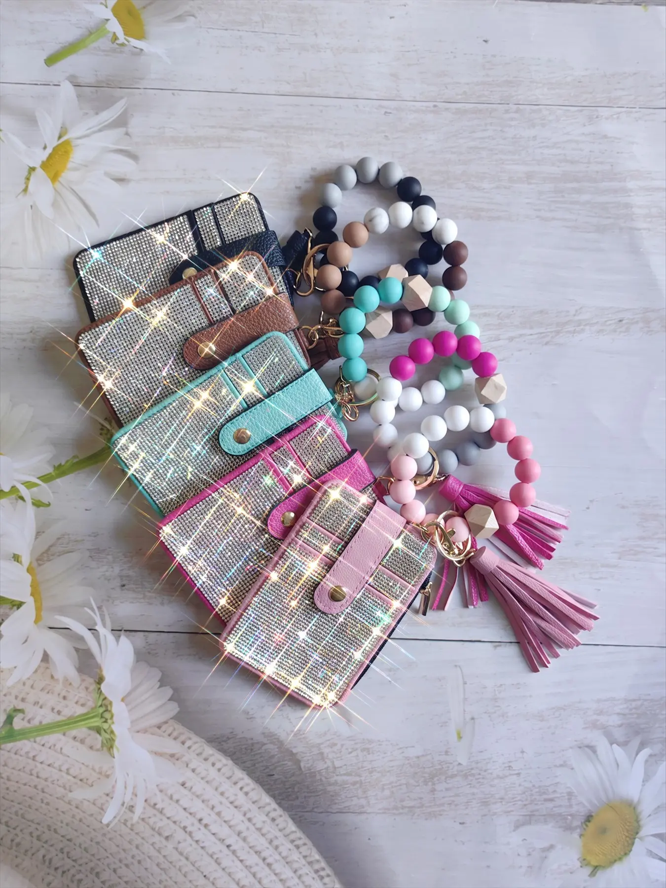 Fashion New Multi-Layer Card Case, Sparkling Rhinestone Bank Card Bag, Girls' Wallet, Silicone Bead Bracelet, Handmade Beaded Wristband