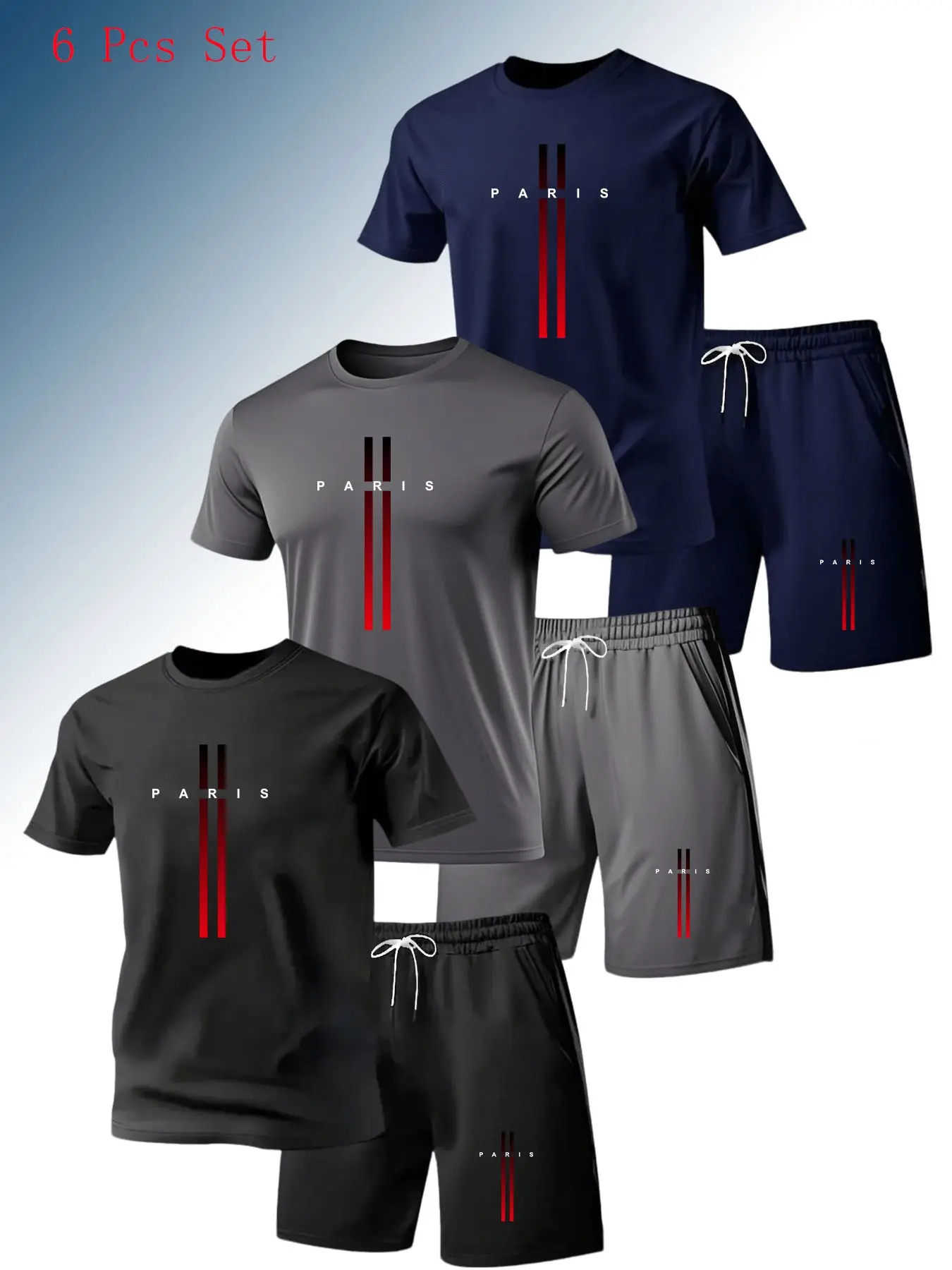Men's Summer Sports Tee Set, 6-Piece Short Sleeve & Shorts, Matching Gym Set, Gym Outfits, Knit Fabric, Breathable, Paris Letter Print, Ideal for Running & Fitness