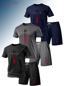 Men's Summer Sports Tee Set, 6-Piece Short Sleeve & Shorts, Matching Gym Set, Knit Fabric, Breathable, Paris Letter Print, Ideal for Running & Fitness