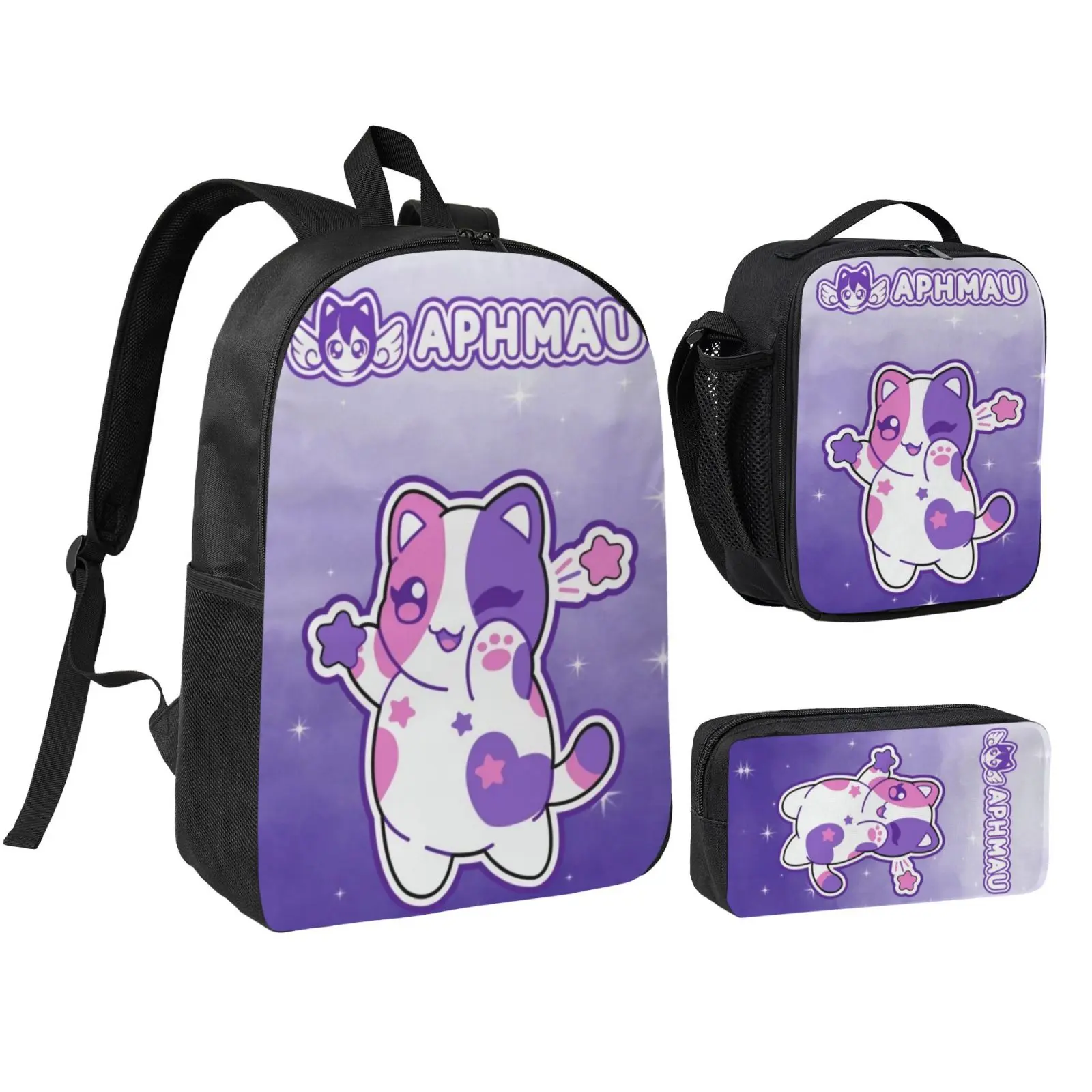 Cartoon Aphmau1 shcool bag, 3Pcs Kids School Backpack Set, Adjustable Strap Bookbag with Insulated Lunch Bag & Pencil Case for Boys Girls