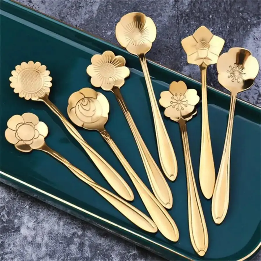 Baroque 8 Piece Flower Shaped Stainless Steel Coffee Spoon Set Carved Plants Themed BPA Free Sturdy Cutlery for Ice Cream Honey Kitchen Dining Gift