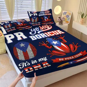 3 Piece Puerto Rico Boricua Coqui Frog Flag Background Fitted Sheet Set, 1 Fitted Sheet + 2 Pillowcases, Soft Microfiber Deep Pocket Design, Puerto Rican Culture Bedroom Decoration, Gift for Boricua Enthusiast