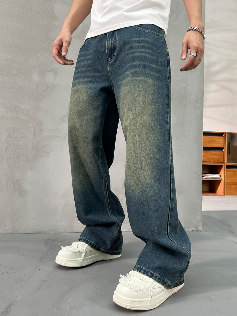 Men's Vintage Wide  Leg Jeans, Loose Casual Comfy Denim Pants for Daily Wear, Woven Bottoms for All Seasons, Denim Streetwear