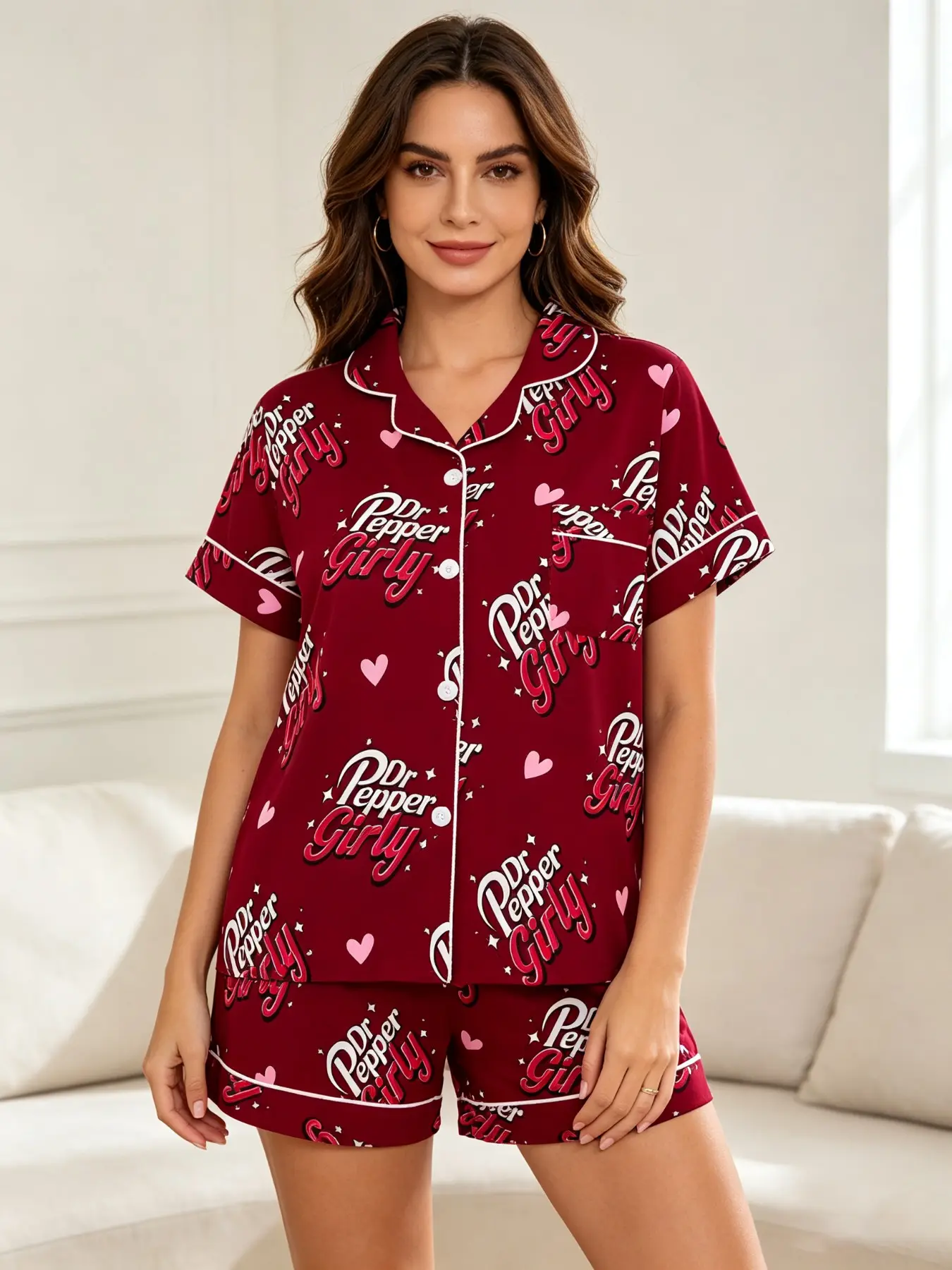Vintage Soda Letter Heart Star Print Pajama Set, Fitted Short Sleeve Top & Elastic Waist Shorts, Casual Home Wear for All Seasons