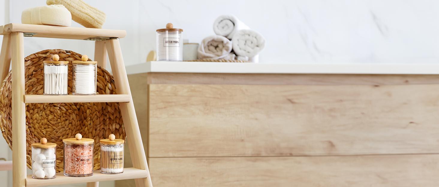 4 Pack Qtip Holder Dispenser with Bamboo Lids - 10 oz Clear Plastic Apothecary Jar Containers for Vanity Makeup Organizer Storage - Bathroom Accessories Set for Cotton Swab, Ball, Pads, Floss