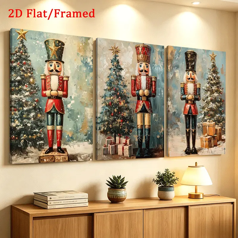 3-Piece Wood Framed Nutcracker Wall Art Paintings - 2D Flat Rustic Vintage Christmas Decorative Canvas, Farmhouse Style Ready-to-Hang for Living Room, Bedroom