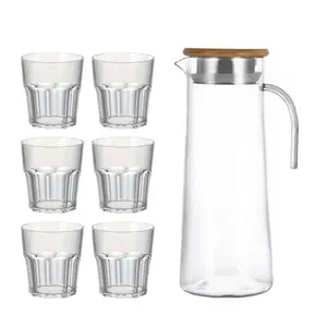 7pcs Transparent Water Kettle Set, Stainless Steel/linen Lid, Includes 6 Clear Cups, Ideal for Juice, Milk, Cold Hot Beverages, Home Restaurant Hotel Use