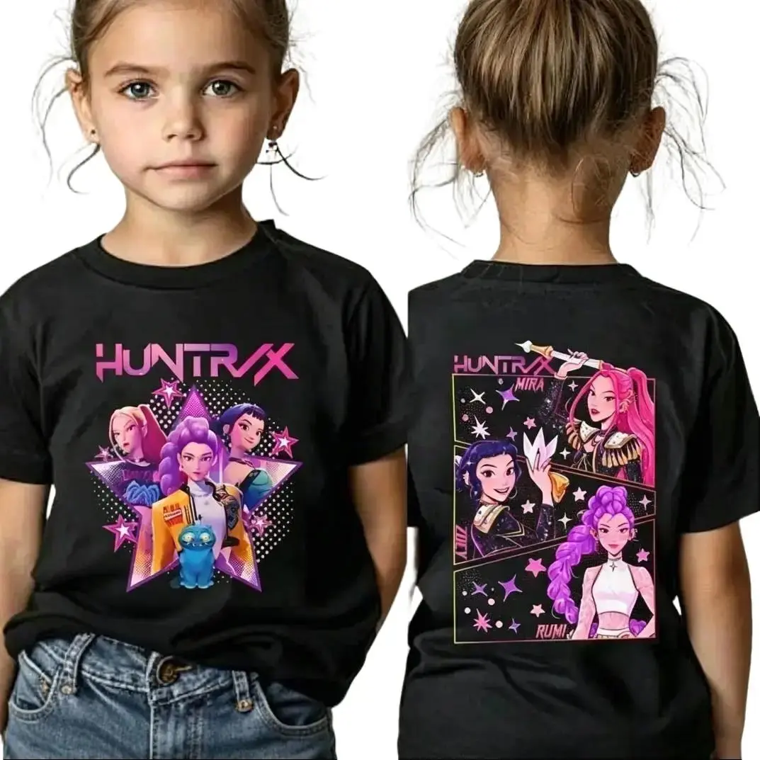 Huntrix K-Pop Devil Hunter Kids Cotton T-Shirt, Boys Girls Soft Graphic Short Sleeve Tee, Breathable Casual Summer Top, Anime Style Fan Gift for School & Holiday