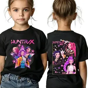 Huntrix K-Pop Devil Hunter Kids Cotton T-Shirt, Boys Girls Soft Graphic Short Sleeve Tee, Breathable Casual Summer Top, Anime Style Fan Gift for School & Holiday