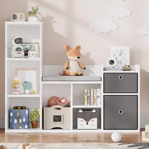 Garvee 44 Inch Bookshelf and Toy Storage with Reading Nook and Seat Cushion, Featuring 6 Cubby Compartments and 2 Extra Drawers, Ideal for Playroom or Kids' Room Organization
