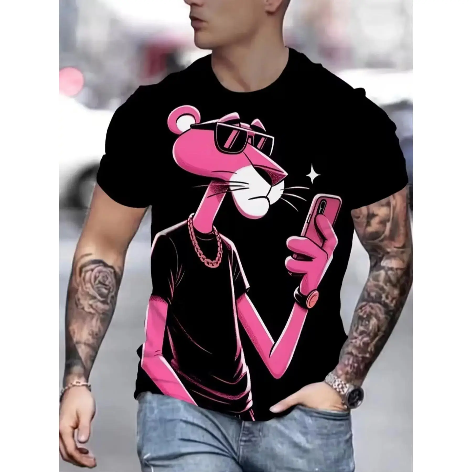 Men's Soft Graphic Tee with Bright 3D All-Over Monaco Print, Casual Shortsleeve Streetwear Shirt for Vacation, Fabrics, Small, Smooth, Day