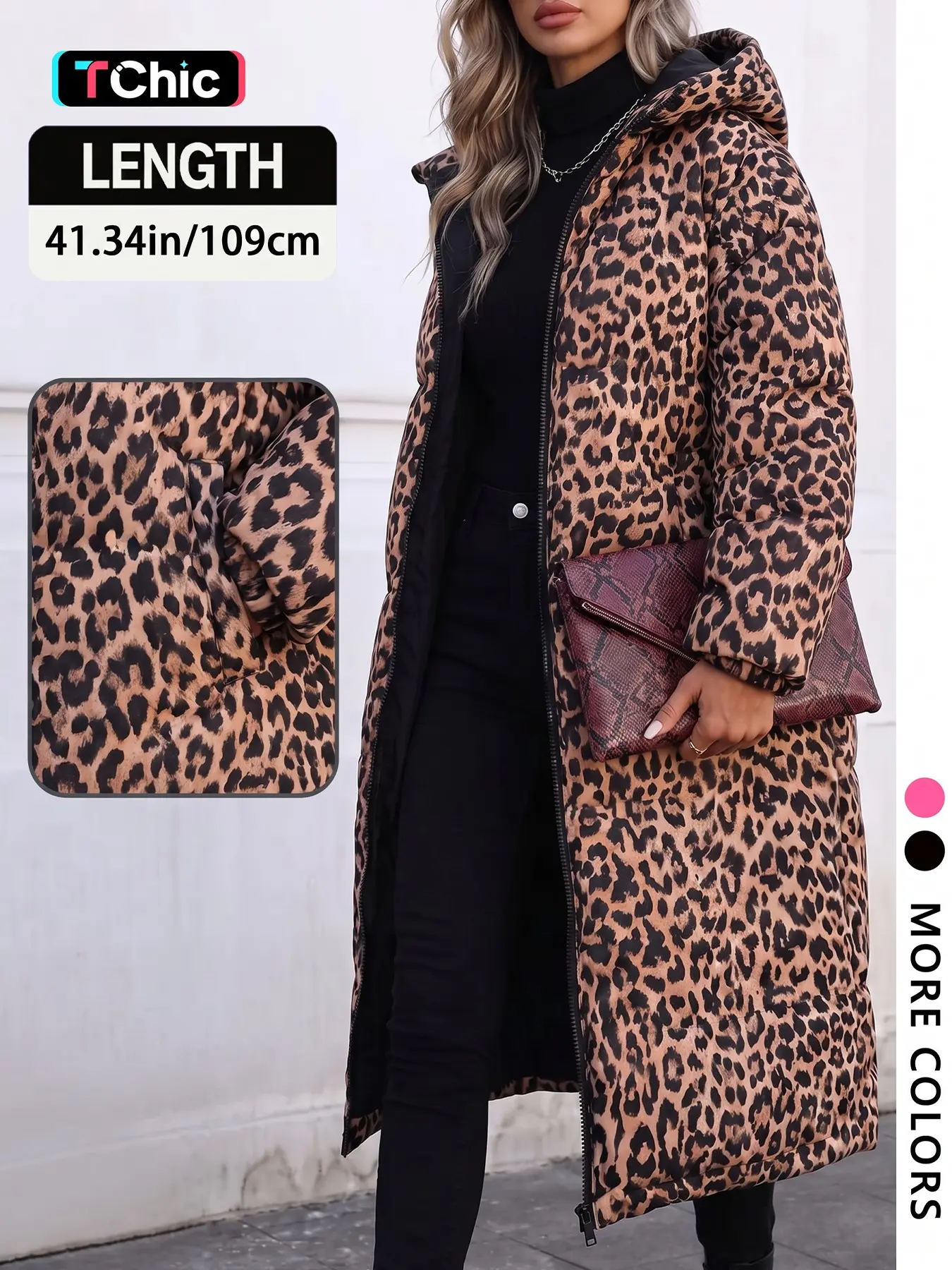 Vintage Leopard Long Hooded Warm Coat For Women, 41.34 Inch Long Zip Up Oversized Parka Jacket, Streetwear Outerwear Match Turtleneck & Jeans Winter Daily Outfit