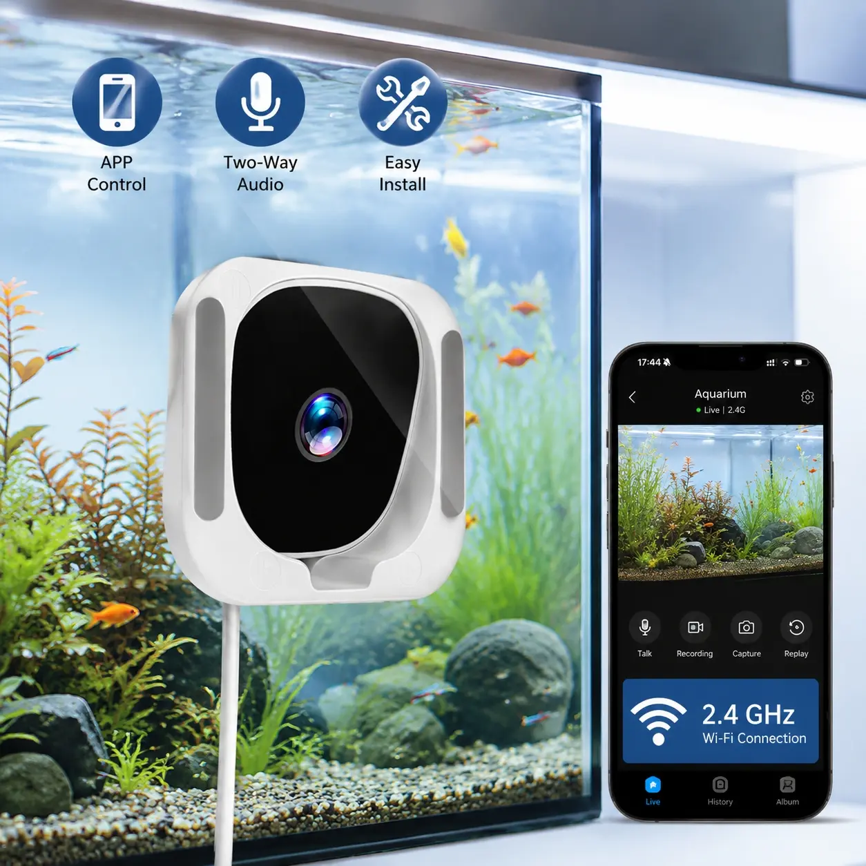 window cameras for home security,HD reptile aquarium camera,24-hour APP for real-time monitoring,suitable for fish tanks,Reptile enclosure,Wi-Fi connection,easy installation,Suitable for fish lovers