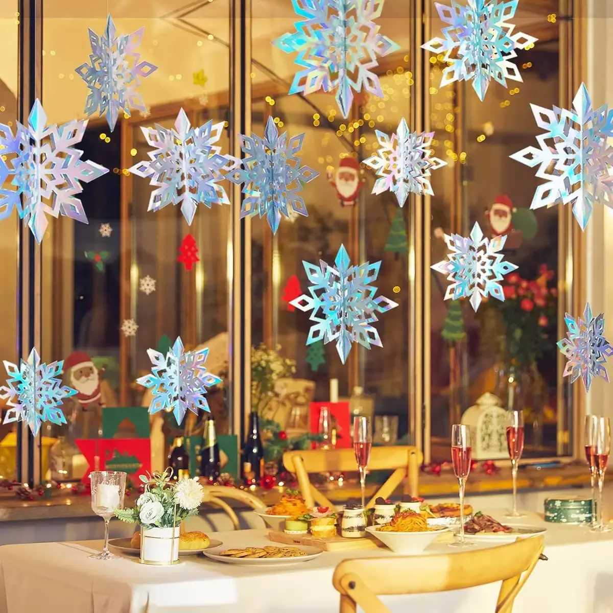 18pcs Iridescent 3D Paper Snowflake Garland, Christmas Decorations, Winter Wonderland Party Supplies, Easy Assembly, Festive Home Decor