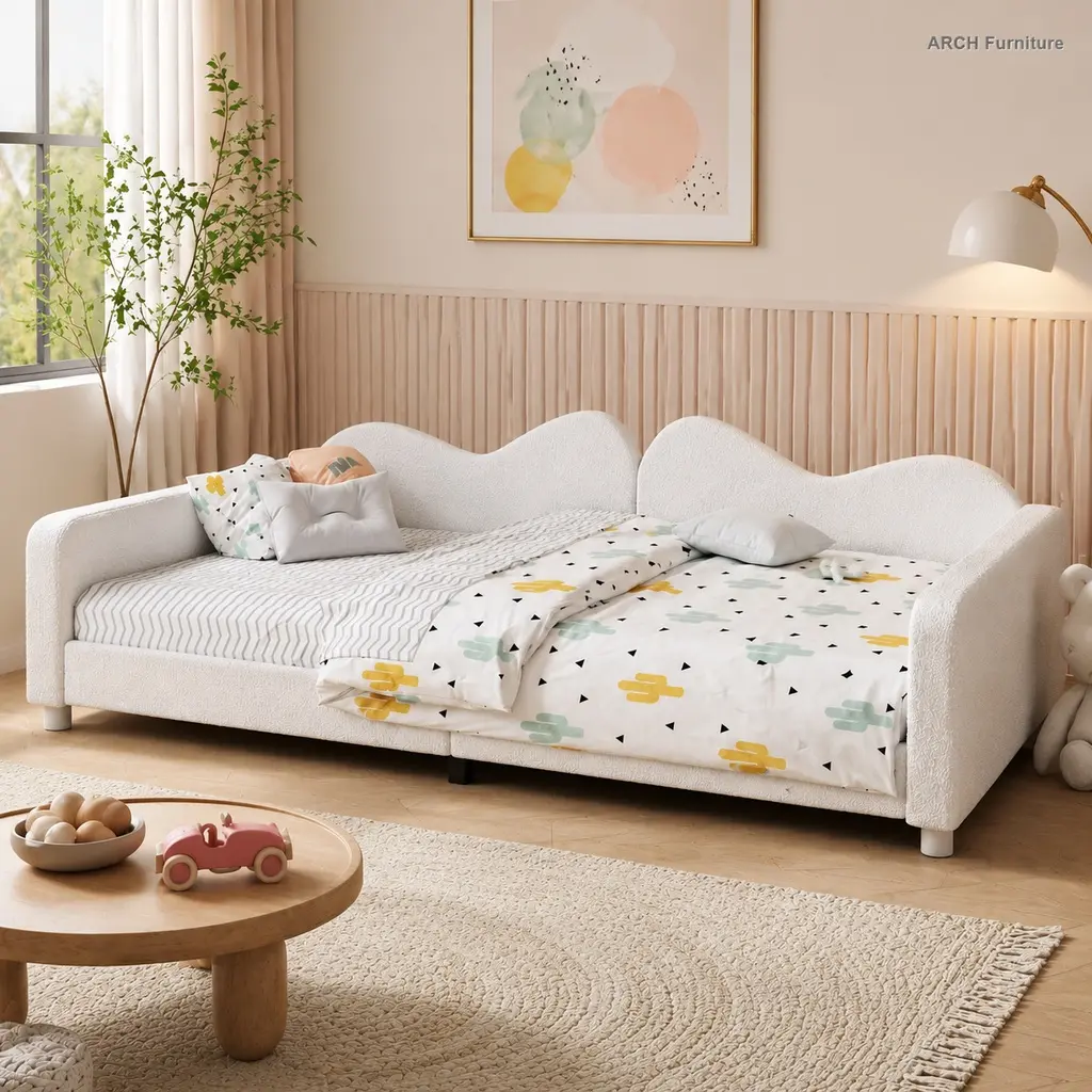 Full Size Sherpa Fabric Upholstered Daybed with Cloud-Shaped Backrest, 80"L x 56"W x 27"H, 500 lbs Capacity, No Box Spring Needed, White/Gray/Pink, Assembly Required