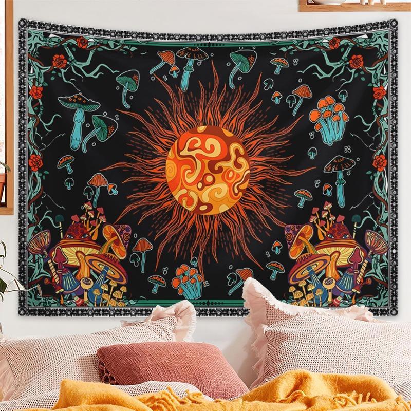 Mandala Sun & Mushroom Pattern Wall Tapestry, 1 Count Modern Artwork Decorative Hanging Blanket, Wall Decor for Living Room Bedroom, Home Decorations