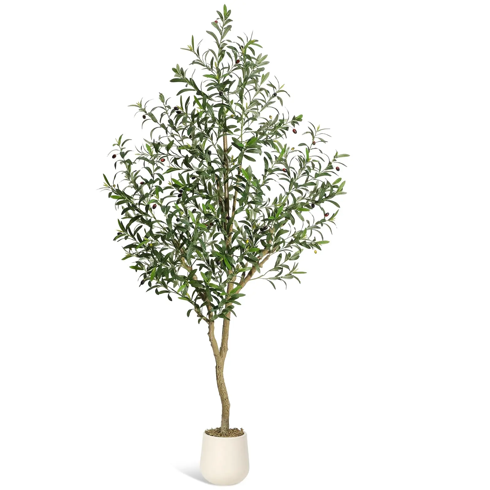 Lifelike Artificial Olive Tree – Tall Faux Decorative Plant with Natural Wood Trunk, Realistic Green Leaves & Fruits, White Planter – Large Indoor Home Decor Tree for Living Room, Office, Balcony, UV Resistant