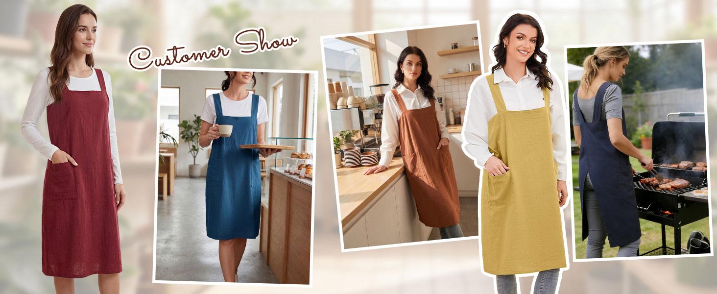 Women's Practical Cross Back Pinafore Apron with Large Pockets Home Kitchen,Restaurant,Coffee House,Cooking,Gardening clothes earthy