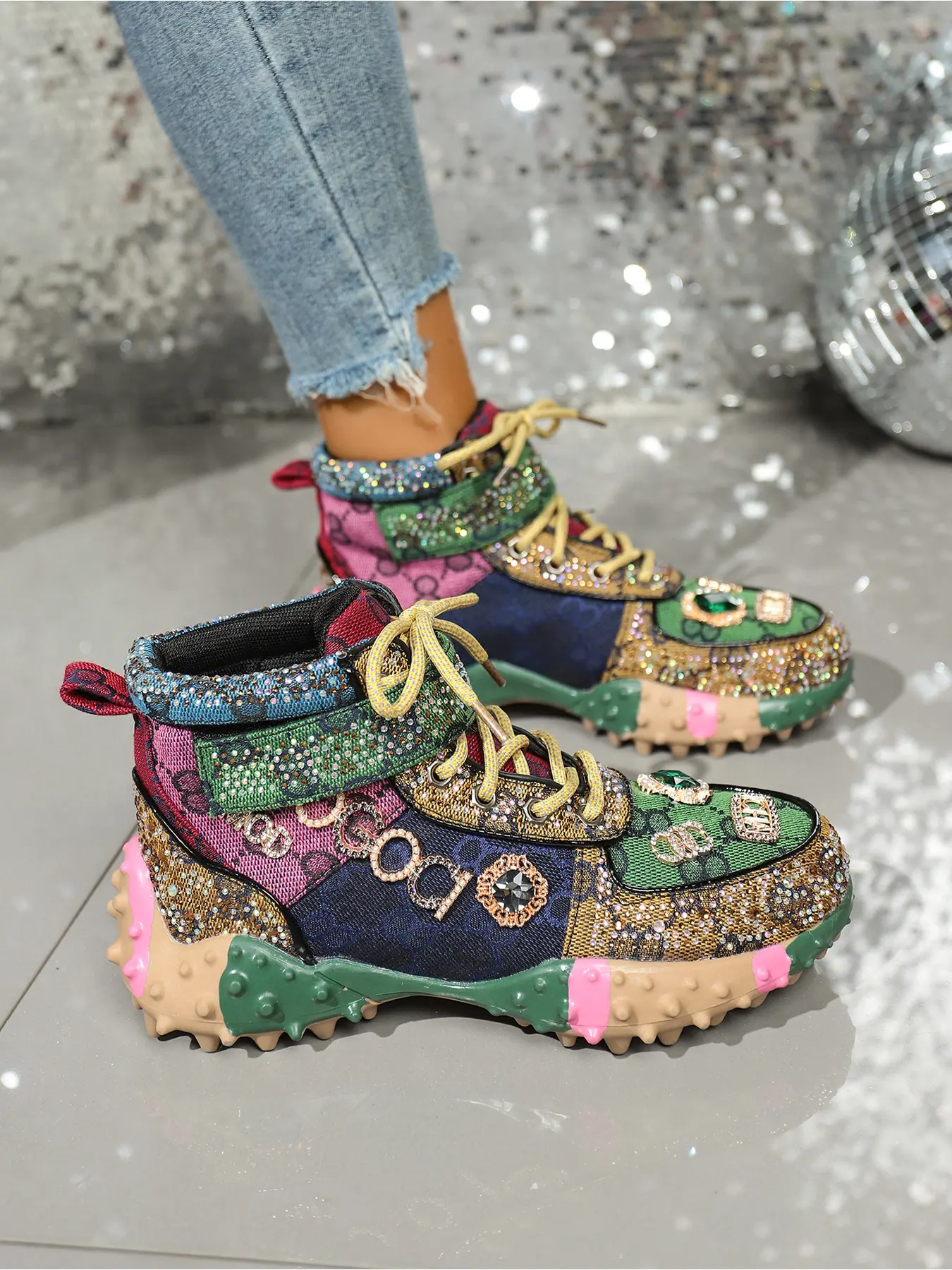 Ladies Vintage Luxury Patchwork Jacquard Rhinestone High Top Thick Soled Sneakers Color Block Chunky Anti Slip Sole Nightclub Concert Sparkly Casual Shoes
