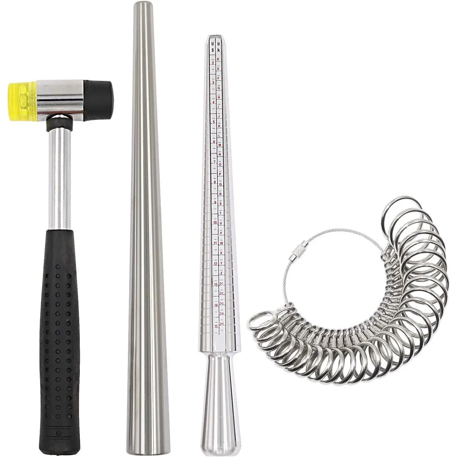 Ring Sizer Mandrel Measuring Tool Steel Ring Sizing Gauge Sizers Set Rubber Jeweler's Mallet Hammer Metal Finger Size Stick Wire Wrap Rings Tools Jewelry Making Kit