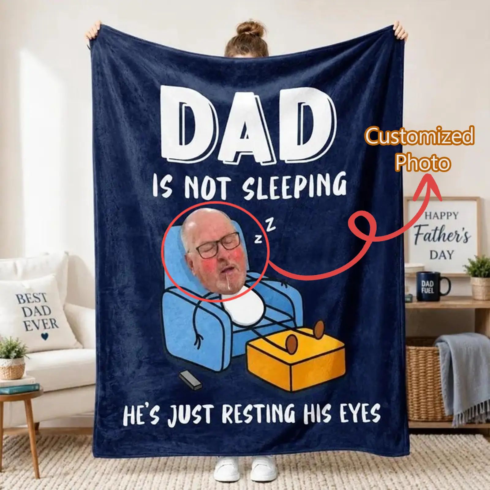 Personalized "Dad Is Not Sleeping" Funny Photo Blanket, Gray Soft Throw Blanket for Napping on Couch/Recliner, Father's Day Gag Gifts for Husband from Kids, Dad Gifts, Father's Day Gifts
