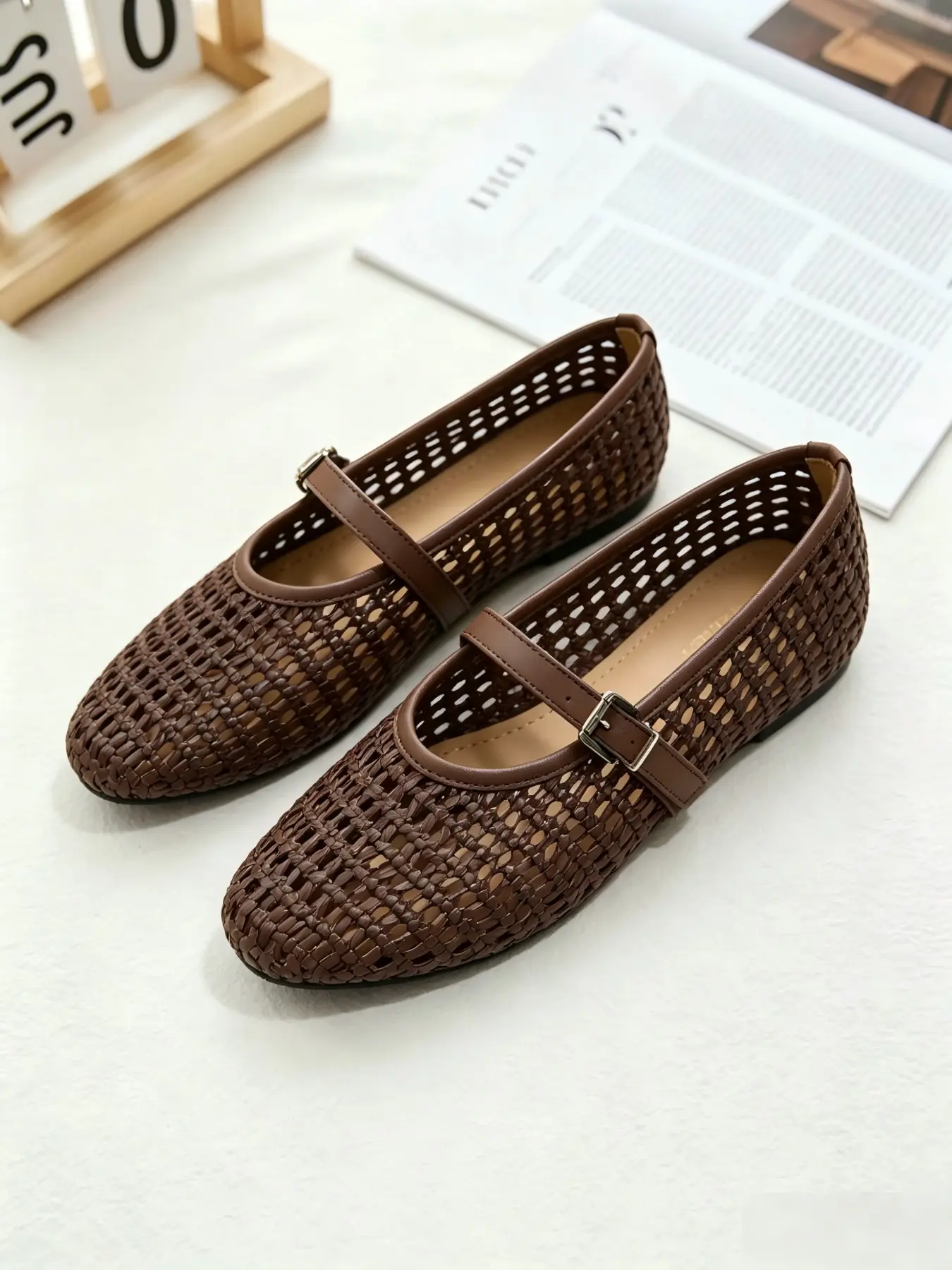 Breathable Women's Flat Sandals, Round Toe Mary Jane Shoes, Embroidered Open-Toe Ballet Flats, Comfortable Low Heel Slippers, Embellished Flats