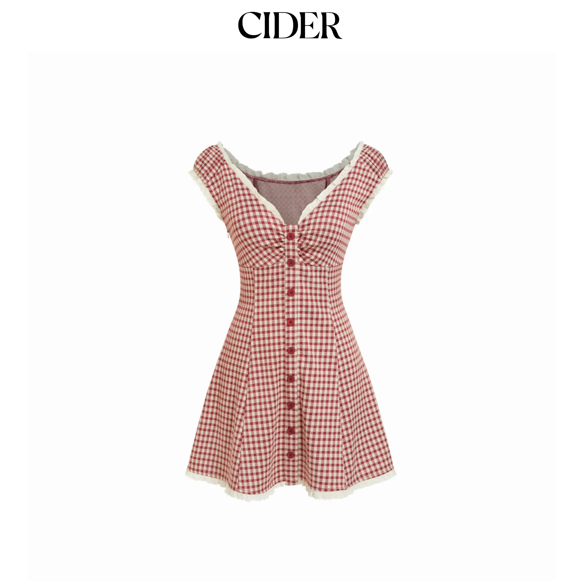 Cider Gingham V-neck Short Sleeve Ruched Lace Trim A-line Mini Dress SohoChic