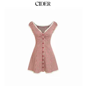 Cider Gingham V-neck Short Sleeve Ruched Lace Trim A-line Mini Dress SummerFinds