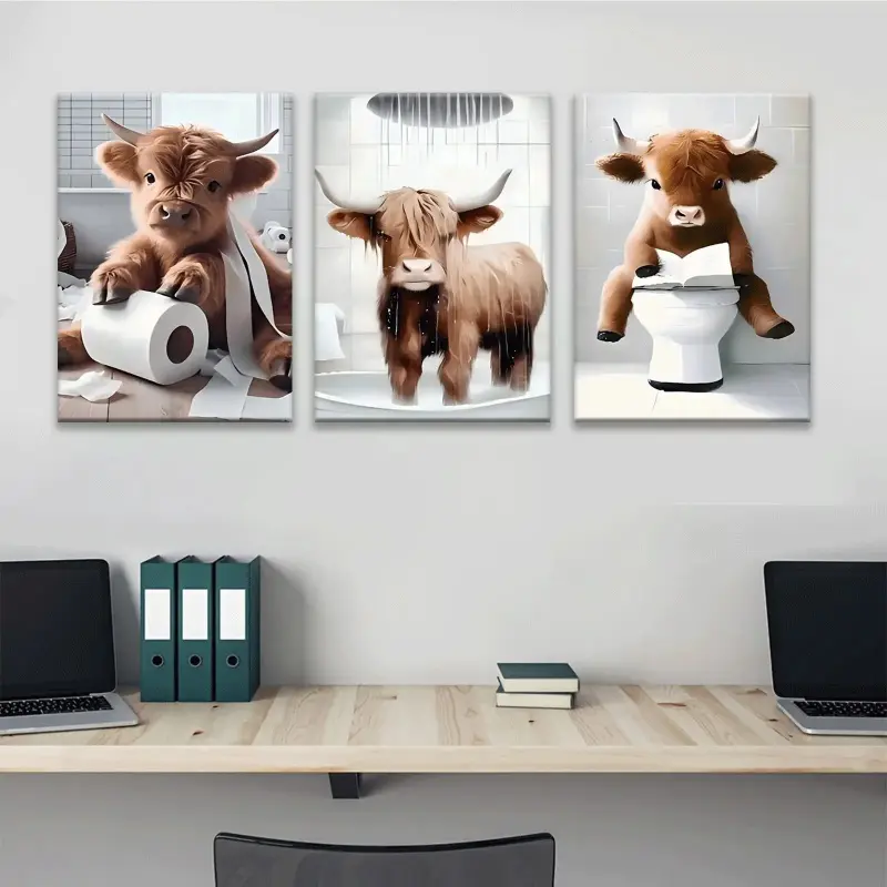 2D Flat Decor, Set of 3 Highland Cow Wooden Signs, Scottish Farm Animal Decor Plaques, Farmhouse Wall Art, Rural Decor Featuring Toilet Paper and Shower Scenes, Whimsical Cow Bathroom Wall Art for Bathroom Styling, Living Room Home Decoration