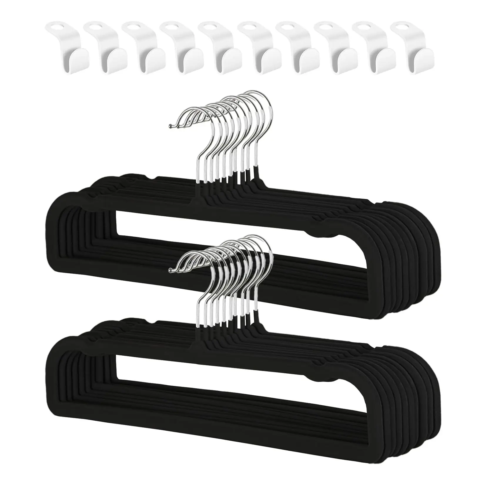 Non-Slip 20PCS Black Velvet Clothes Hangers Set – Slim, Space-Saving Design, 360° Rotating Silver Hooks, Shoulder Notches, 10 Connector Hooks, Ideal for Closet Organization, Suits, Pants, Jeans,dorm essentials,home decor