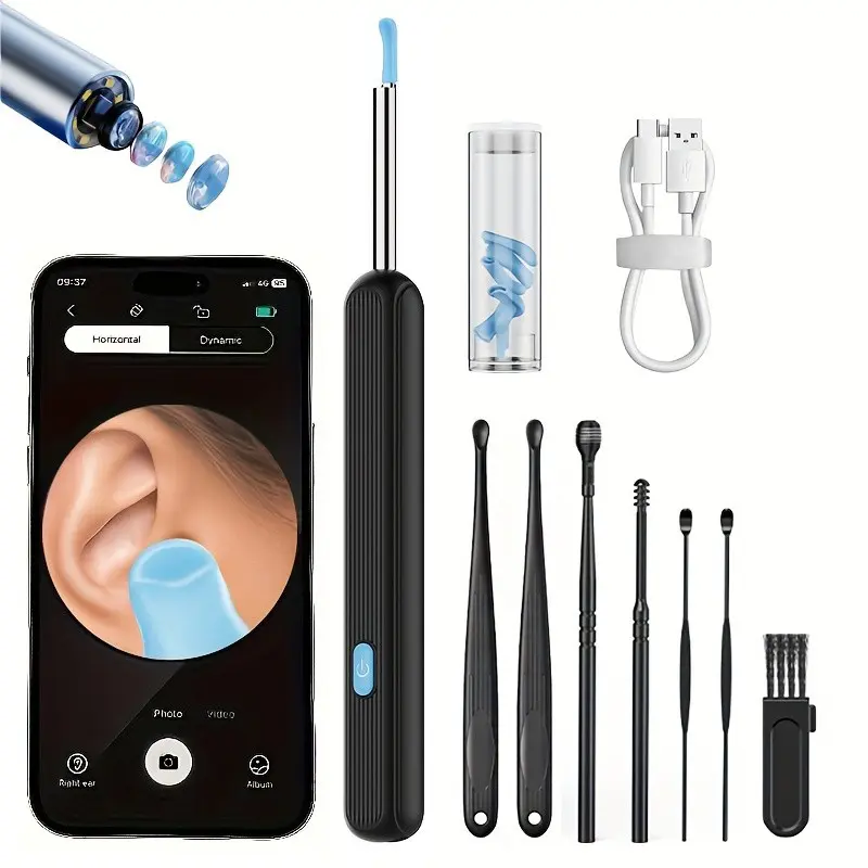 Electric Ear Wax Remover with Camera, Portable Waterproof Ear Cleaning Kit, Rechargeable Ear Wax Removal Tool, Includes 6 Ear Spoons