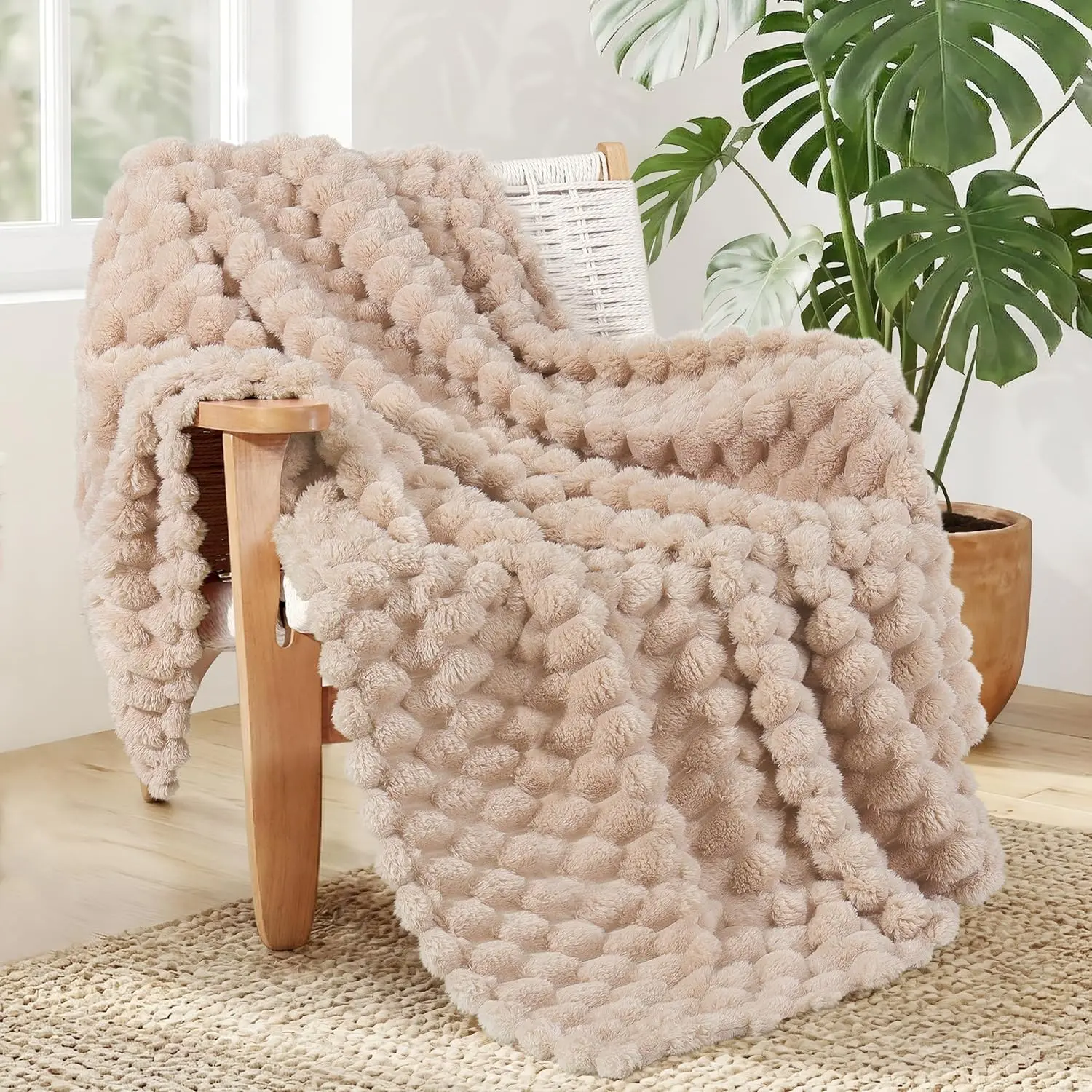 Fleece Throw Blanket for Couch or Bed, Luxury Soft Lightweight Summer Blanket, 3D Cozy Plush Decorative Sofa Chair Blanket for Mom Dad, 50x60 Inch, Camel