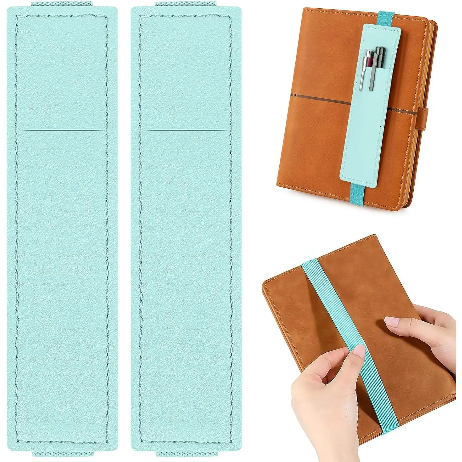 2 Pack Adjustable Elastic Pen Holder for Notebook, PU Leather Pencil Pouch with Stretchable Band, Fits Journals, Binders, Planners, Books, Portable Pen Sleeve Pouch, Light Blue