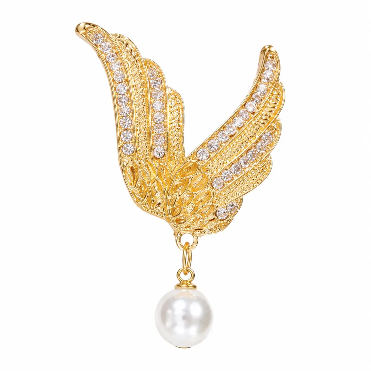 Product Title Gold Plated Angel Wing Brooch Pin with Sparkling CZ Rhinestone and Pearl Dangle for Women Suit Coat Lapel Decoration