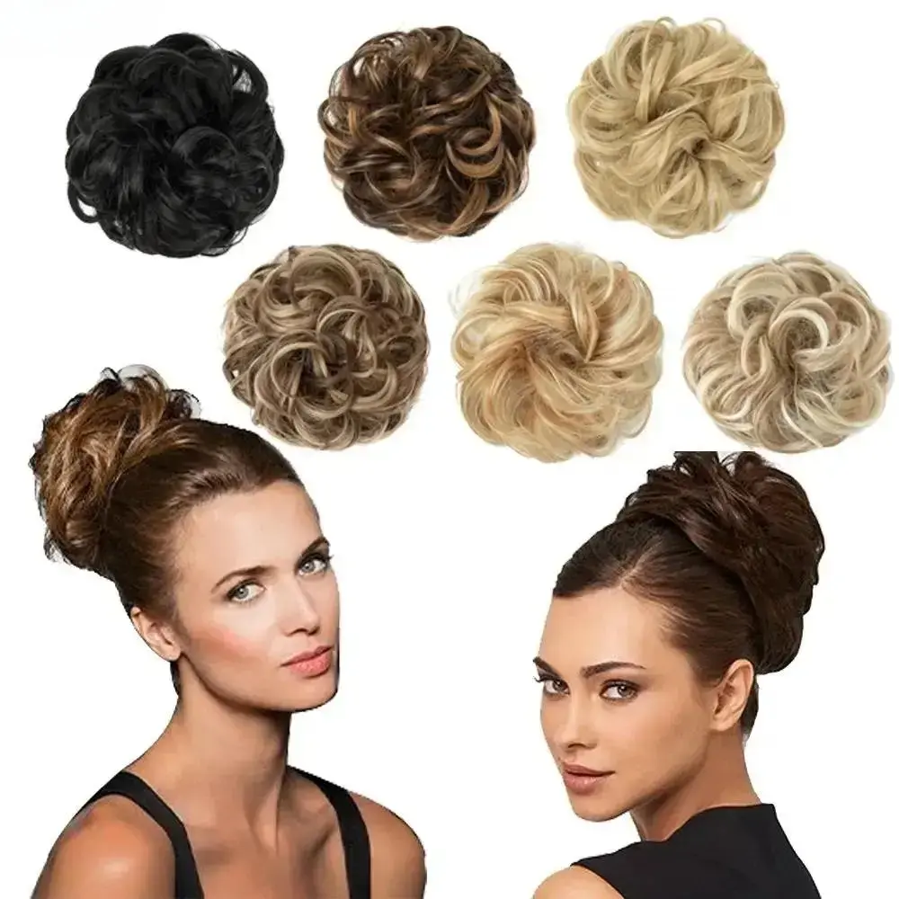 Wavy Curly Messy Bun Hair Piece, Iridescent Synthetic Scrunchie with Elastic Band, Fluffy Tousled Chignon for Effortless Casual Updos