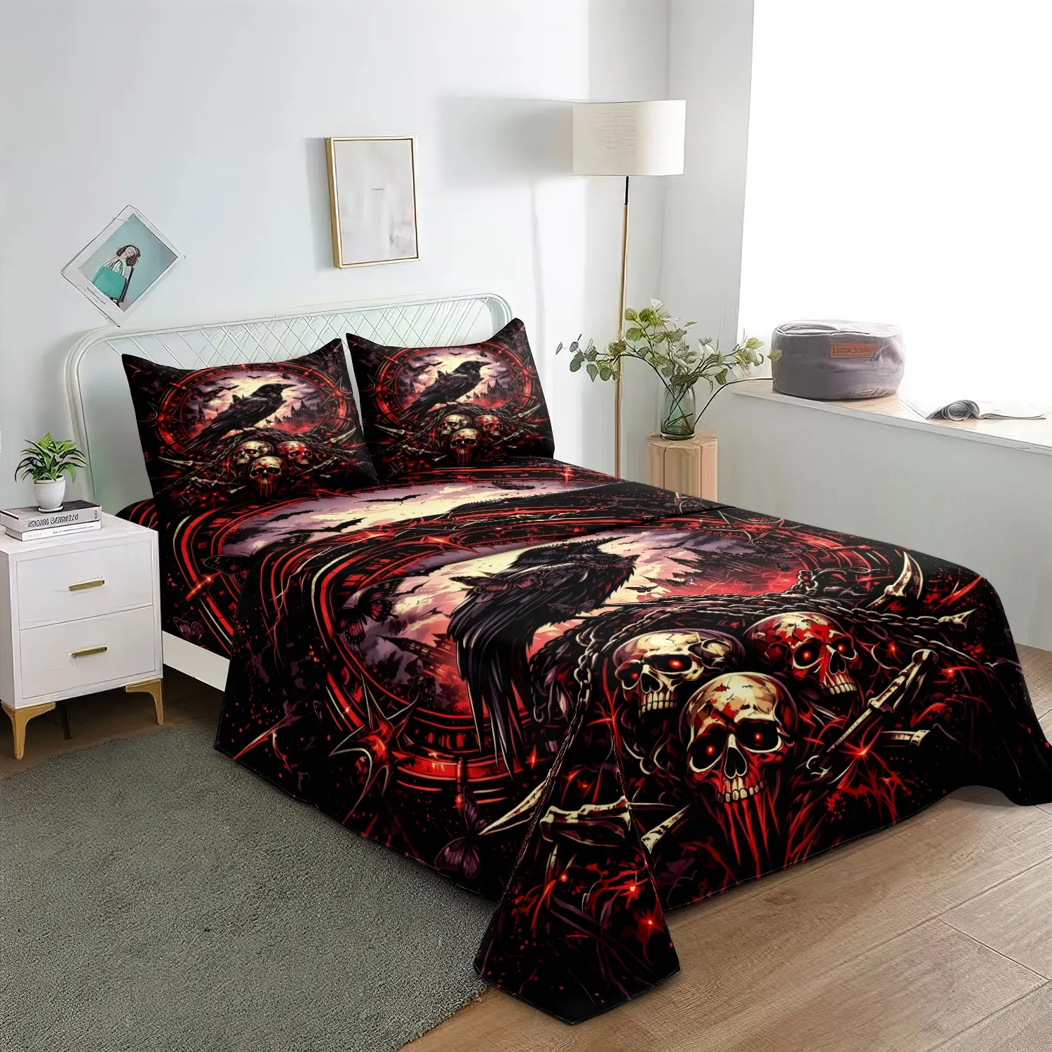 4Pcs Gothic Skull Raven Bedding Set, Dark Vintage Print Bed Sheets Decor, Soft Comfort Bed Set (1 Flat Sheet+1 Fitted Sheet+2 Pillowcases), Halloween Dark Style Bedroom Decor Machine Washable