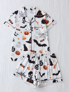 Women's Halloween Pajama Set, Cartoon Pumpkin Ghost Cat Candy Print, Fitted Short Sleeve Top + Loose Shorts, Casual Fashion Sleepwear