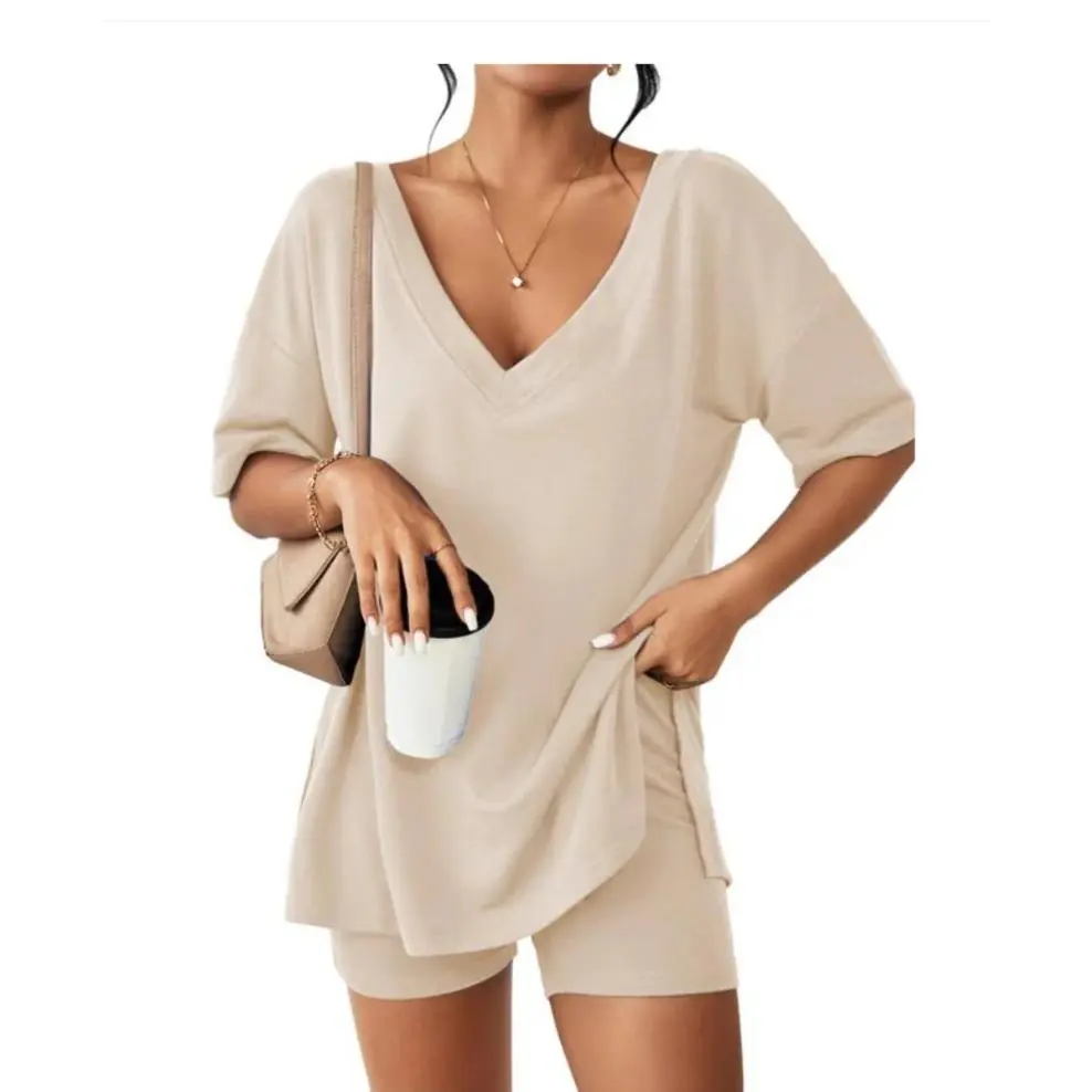 Fashion Cute Women Oversized V Neck Split Short Sleeve Top & Shorts Set, Comfort Solid Color Casual Loungewear Two Piece Outfit, Loose Summer Home Suit, Best Valentine’s Day Gift for Her, Ideal Holiday Present for Family & Friends