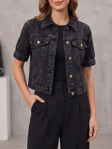 Women's Washed Short Denim Jacket, Lightweight Short Sleeve Single Button Denim Coat, Buttons, Casual Outerwear
