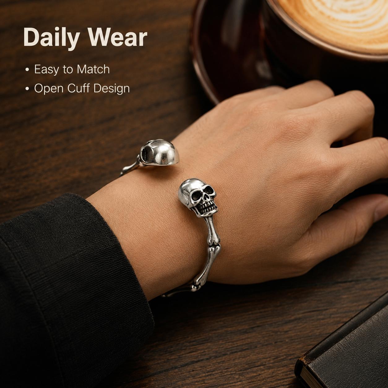 Vintage Gothic Skull Cuff Bangle - Silver Gothic Motif Bracelet, Adjustable Biker Accessories, Ideal Goth Gifts - MM2